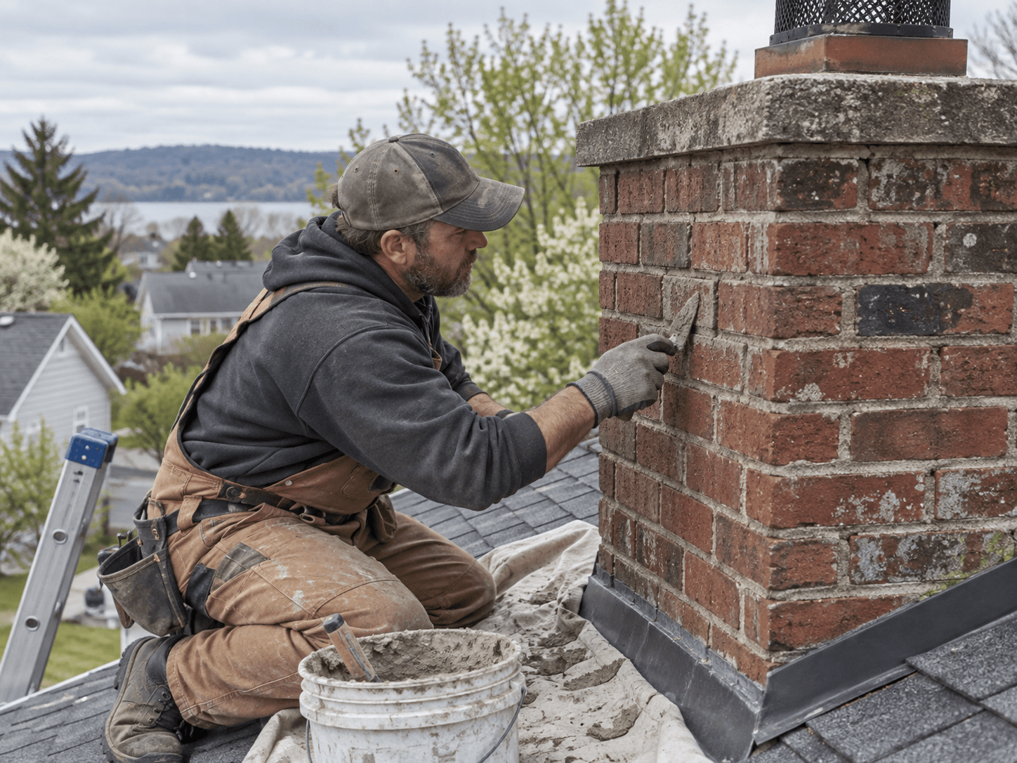 Chimney mason inspecting mortar joints on a residential brick chimney